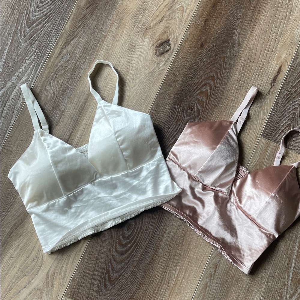 2/$20 Elegant Satin Bralette Crop Top Set - White and Pink